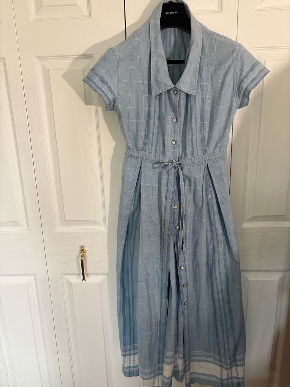 Light Blue Striped Midi Shirt Dress with Tie Waist